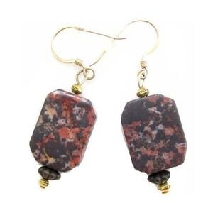 Brecciated Jasper Black & Red Gemstone 14K GF Gold Filled Drop Earrings